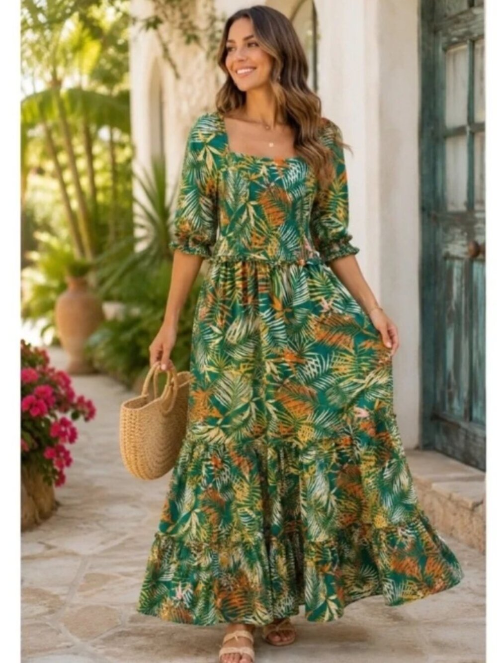 Betsey Johnson Pepper Green Tropical Leaf Print Maxi Dress NWT Size L